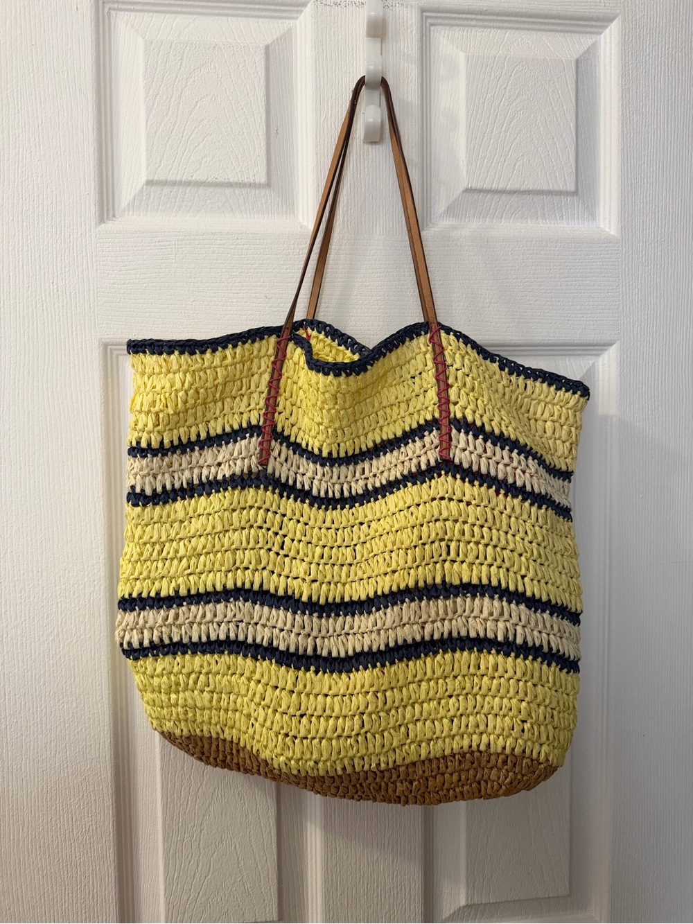 Loft Yellow Stripe Crochet Tote Bag with Leather Handles